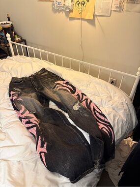 Women’s Baggy Denim Jeans with Pink Tribal Paint
